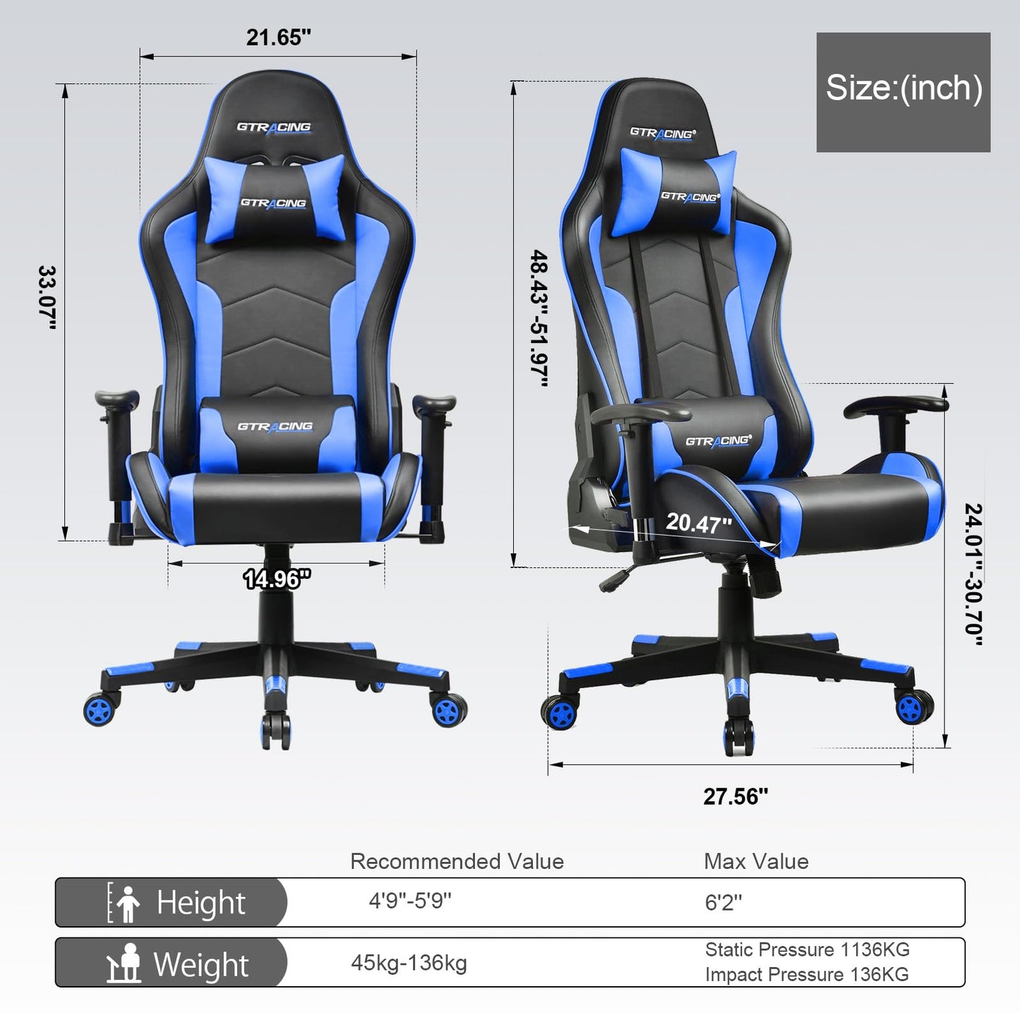 GTRACING Gaming Chair with Speakers Bluetooth Music Video Game Chair Audio Ergonomic Design Heavy Duty Office Computer Desk Chair（Blue）