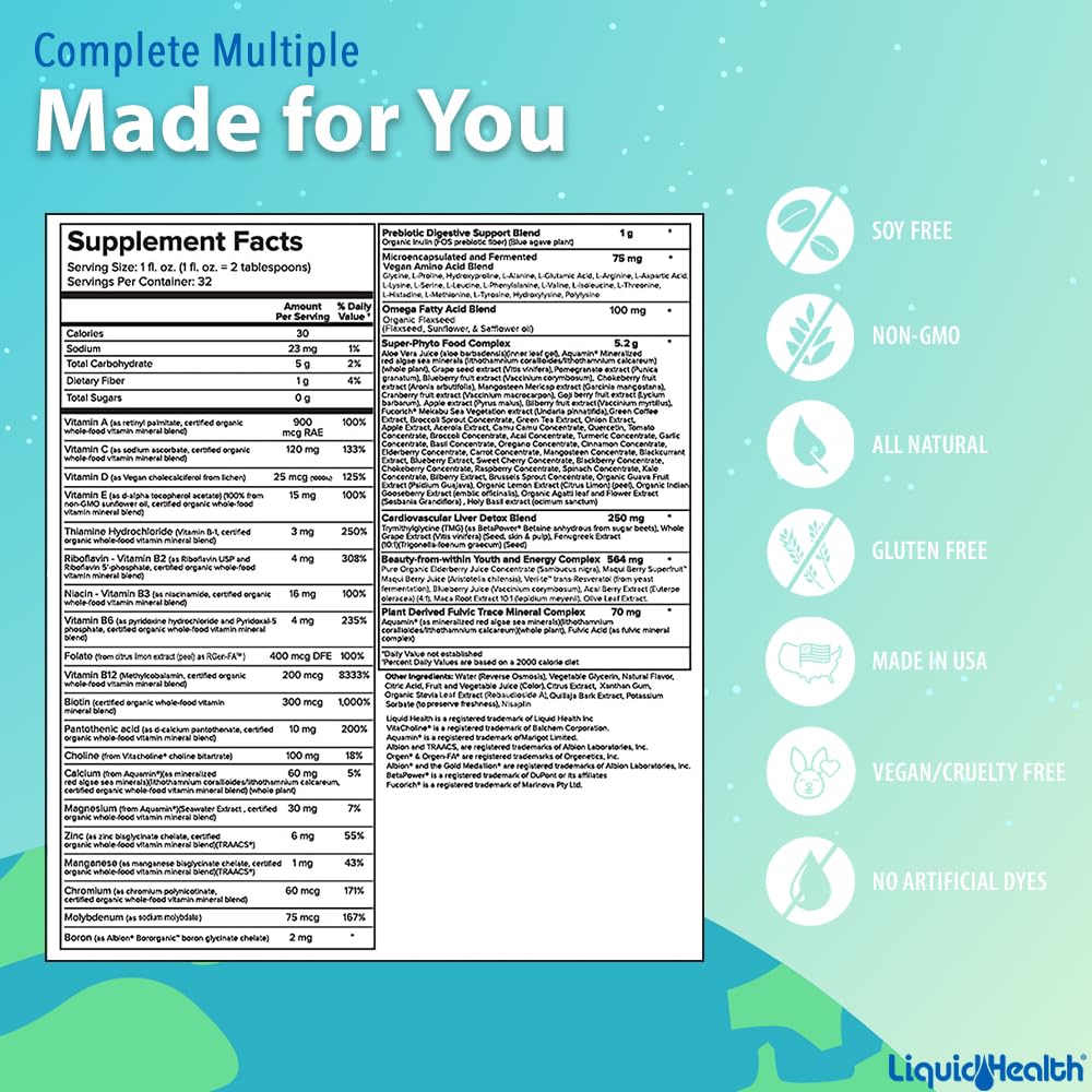 LIQUIDHEALTH Complete Multiple Adult Liquid Multivitamin - Essential Vitamins, Minerals & Nutrients, Immune Support, Gut Health, Energy, Detox - Made in USA, Vegan, Non-GMO, Sugar-Free (32 oz)