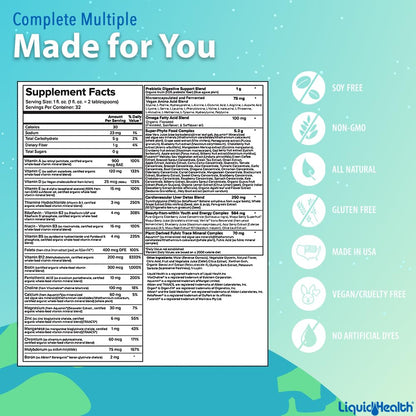 LIQUIDHEALTH Complete Multiple Adult Liquid Multivitamin - Essential Vitamins, Minerals & Nutrients, Immune Support, Gut Health, Energy, Detox - Made in USA, Vegan, Non-GMO, Sugar-Free (32 oz)