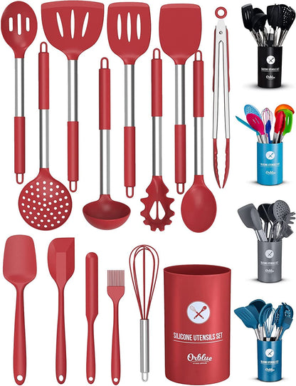 ORBLUE Silicone Cooking Utensil Set, 14-Piece Kitchen Utensils with Holder, Safe Food-Grade Silicone Heads and Stainless Steel Handles with Heat-Proof Silicone Handle Covers, Red