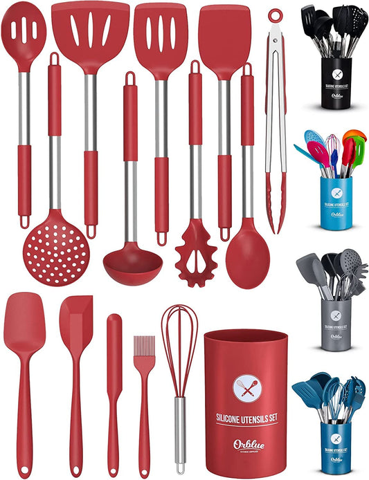 ORBLUE Silicone Cooking Utensil Set, 14-Piece Kitchen Utensils with Holder, Safe Food-Grade Silicone Heads and Stainless Steel Handles with Heat-Proof Silicone Handle Covers, Red
