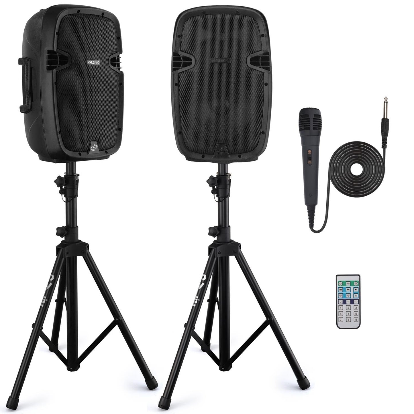 Pyle Wireless Portable PA system - 1000W High Powered Bluetooth Compatible Active + Passive Pair Outdoor Sound Speakers w/ USB SD MP3 AUX - 35mm Mount, 2 Stand, Microphone, Remote - Pyle PPHP1049KT