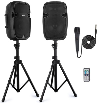 Pyle Wireless Portable PA system - 1000W High Powered Bluetooth Compatible Active + Passive Pair Outdoor Sound Speakers w/ USB SD MP3 AUX - 35mm Mount, 2 Stand, Microphone, Remote - Pyle PPHP1049KT