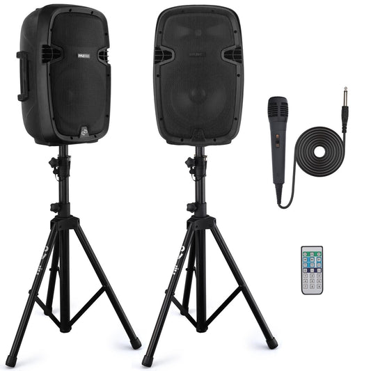 Pyle Wireless Portable PA system - 1000W High Powered Bluetooth Compatible Active + Passive Pair Outdoor Sound Speakers w/ USB SD MP3 AUX - 35mm Mount, 2 Stand, Microphone, Remote - Pyle PPHP1049KT