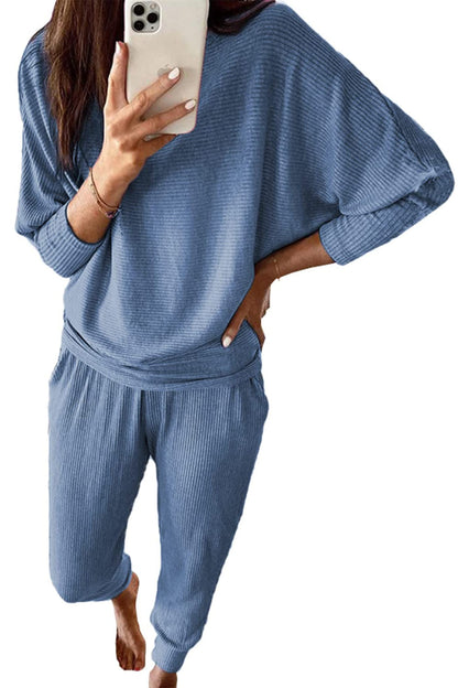 PRETTYGARDEN Women's Fall 2 Piece Lounge Set Long Sleeve Tops Ribbed Pants Spring Matching Sweatsuit Travel Outfits Clothes (Light Blue,Small)