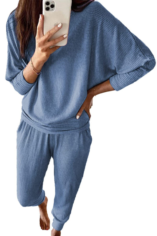 PRETTYGARDEN Women's Fall 2 Piece Lounge Set Long Sleeve Tops Ribbed Pants Spring Matching Sweatsuit Travel Outfits Clothes (Light Blue,Small)