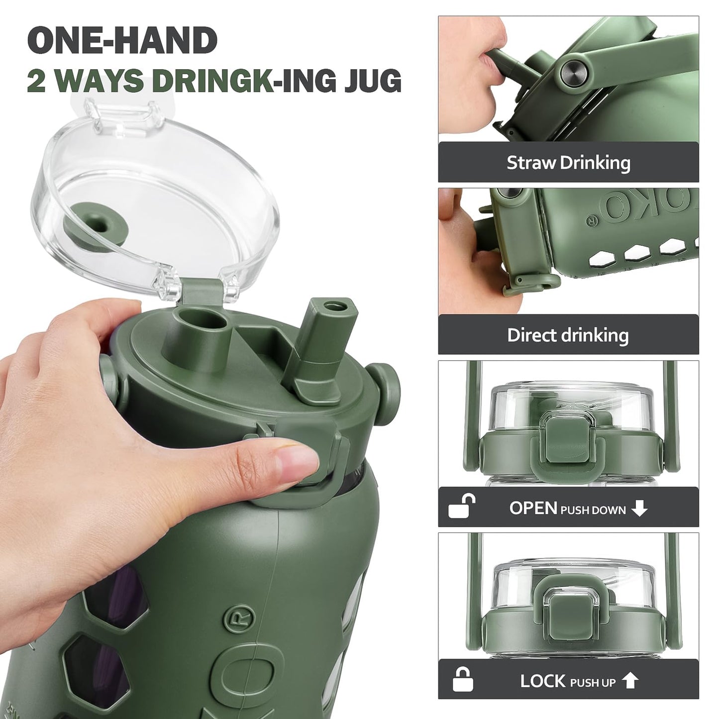 MUKOKO Half Gallon/64 oz Glass Water Bottles with Straw and Lid,Motivational Water Jug with Time Marker Reminder and Silicone Sleeve,100% Leakproof BPA Free Fitness Sports Large Bottle-Olive