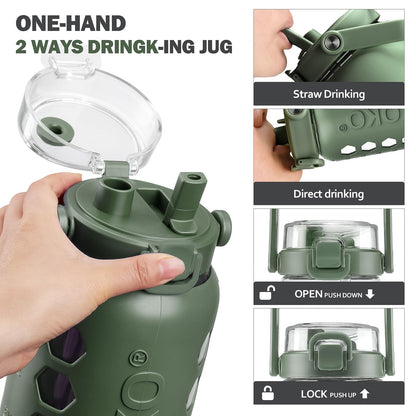 MUKOKO Half Gallon/64 oz Glass Water Bottles with Straw and Lid,Motivational Water Jug with Time Marker Reminder and Silicone Sleeve,100% Leakproof BPA Free Fitness Sports Large Bottle-Olive