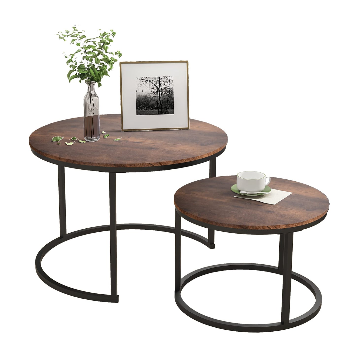HOJINLINERO Industrial Round Coffee Table Set of 2 End Table for Living Room,Stacking Side Tables, Sturdy and Easy Assembly,Wood Look Accent Furniture with Metal Frame,Black+Rustic Brown
