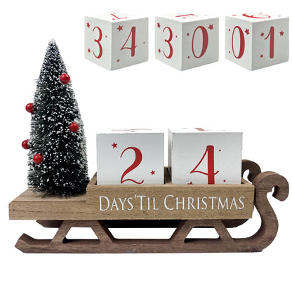 HOMirable Christmas Countdown Blocks Santa Sleigh Advent Calendar 99 Days Christmas Tree Decorations Wooden Farmhouse Rustic Sign Xmas Party Holiday Décor for Home Living Room, Mantel, Tiered Tray