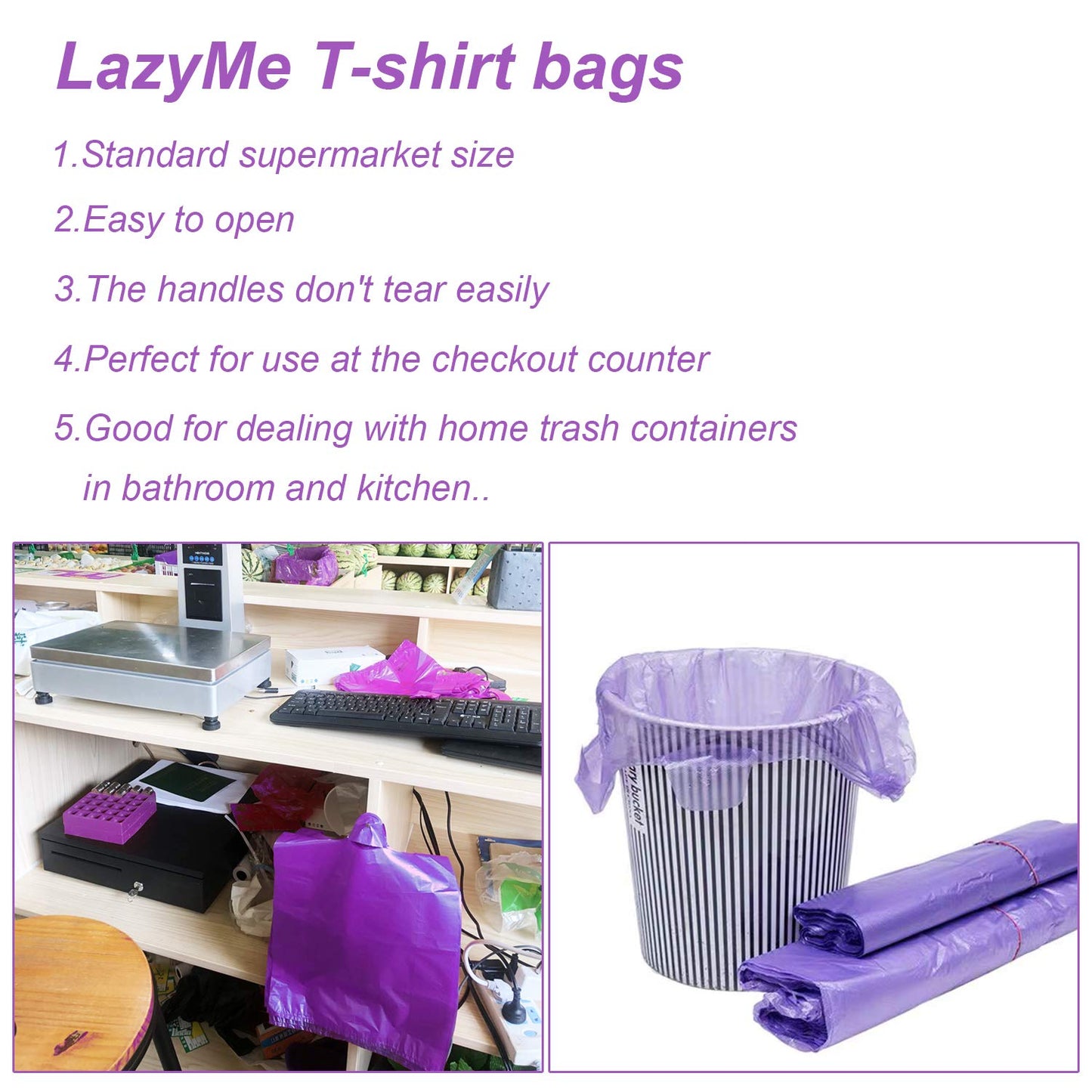LazyMe T-Shirt Carry-Out Bags Plastic Grocery Bags with Handles Shopping Bags in Bulk Restaurant Bags, Standard Supermarket Size,12 x 20 inch (Purple 100 Pcs)