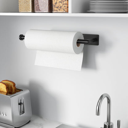 Paper Towel Holder - Self-Adhesive or Drilling, Matte Black Wall Mounted Rack - SUS304 Stainless Steel Kitchen Roll Dispenser Under Cabinet