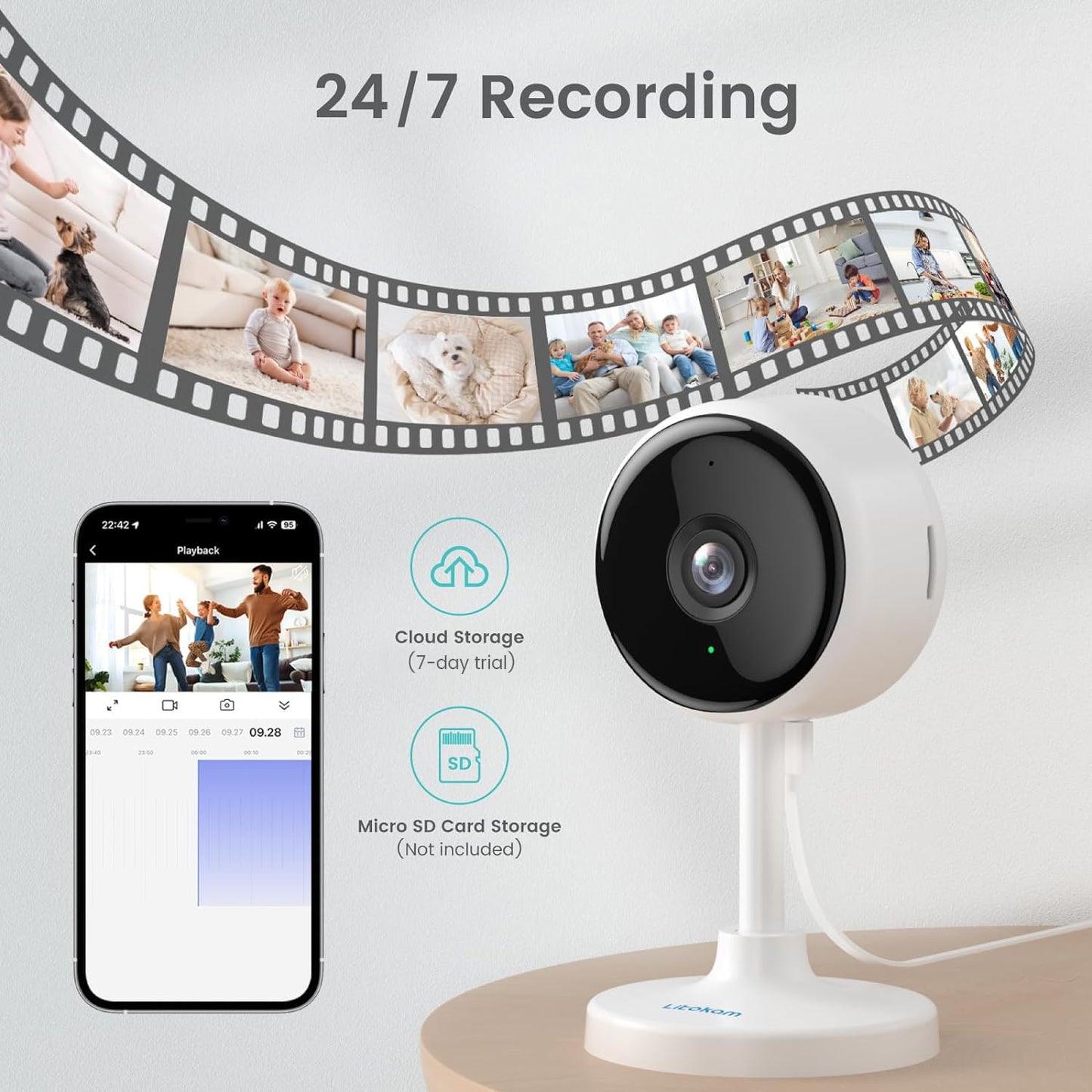 litokam Indoor Cameras for Home Security with Night Vision, Pet Camera with Phone App, 2K Indoor Security Cam, Motion Detection, 2-Way Audio, WiFi Home Camara, Baby Monitor Work with Alexa