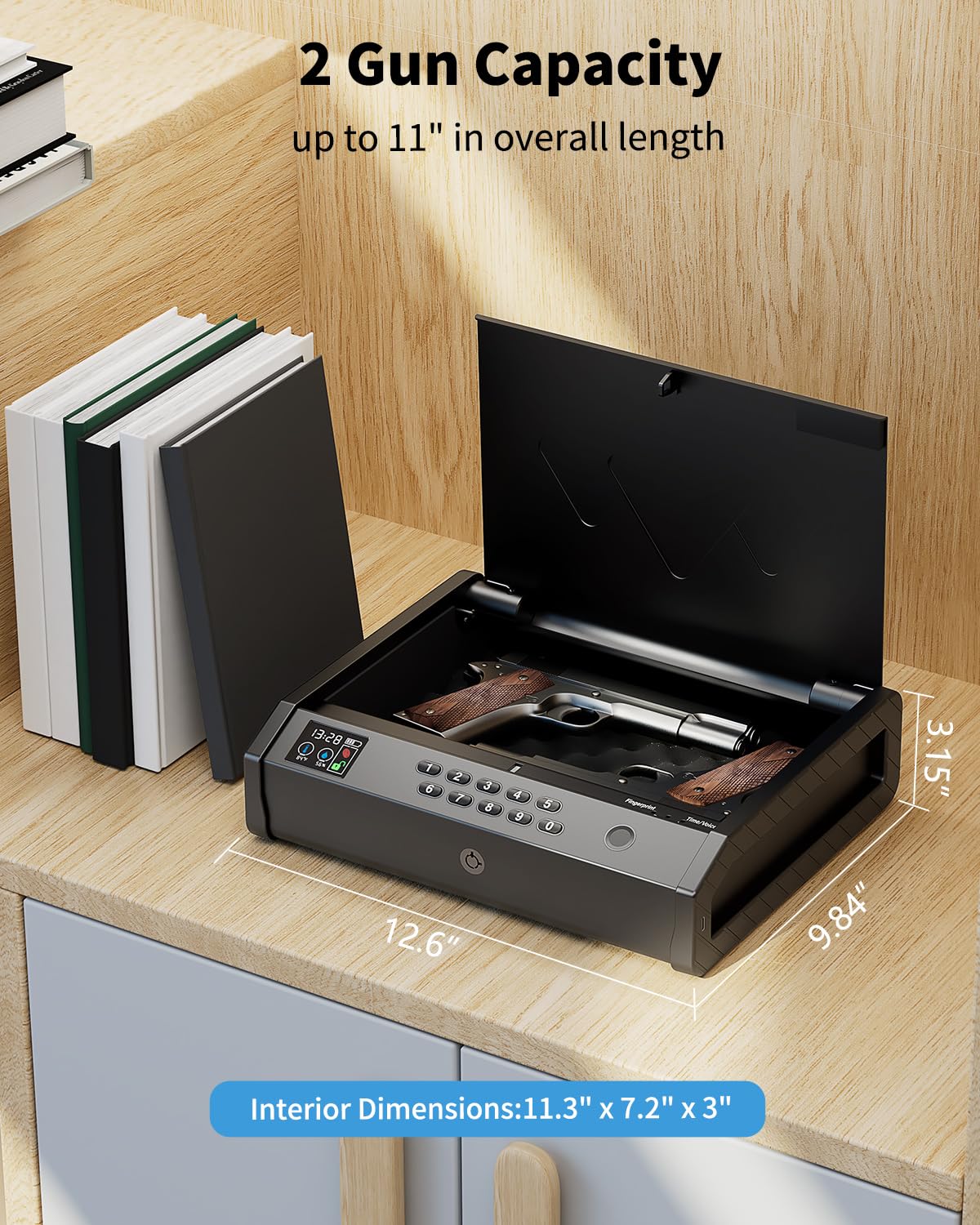 movgul Gun Safes, Biometric Pistol Safe with LCD Display of Temperature Humidity USB Port, Gun Safes 3 Ways Quick Access Fingerprint Handgun Safe for Nightstand Car