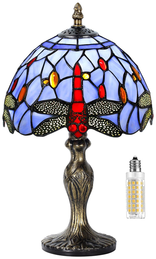 MIAOKE Stained Glass Table Lamp,Stained Glass Crystal Bead Style Table Light, Handmade Desk Bedside Night Light, Antique Art Craft Gifts Lover Living Room Bedroom Bookcase(Blue Dragonfly)