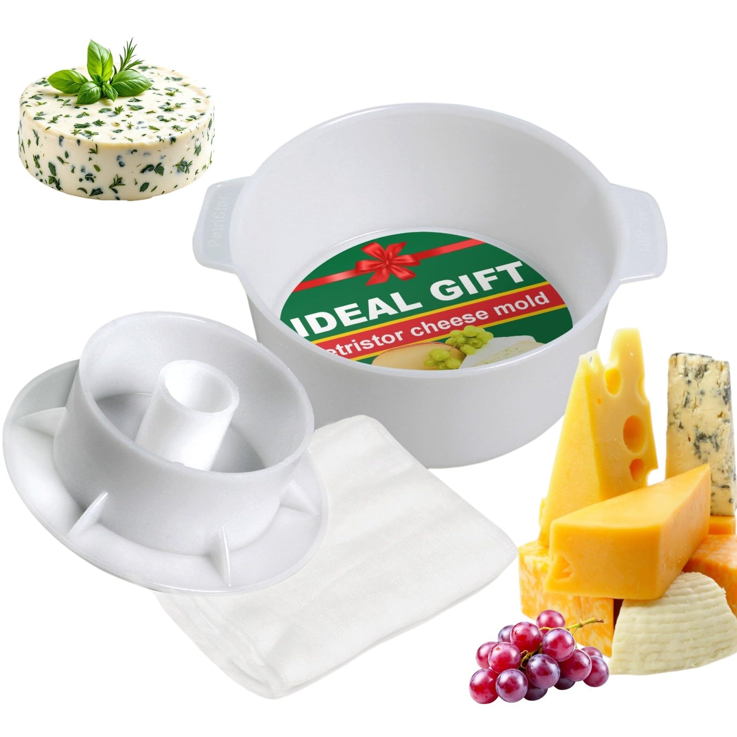 PetriStor Cheese Mold for Cheese Making Cheese with Follower Piston 1.3QT and Cheesecloth - Cheese Form Mold - Cheese Making Basket - Paneer Cheese Press Mold - Molde Para Queso