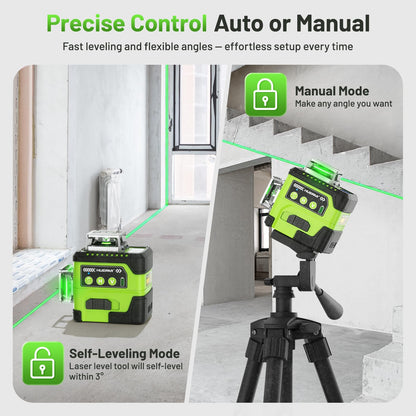 HUEPAR Laser Level 360 Self Leveling with LCD Screen, 3 x 360° High Brightness Rechargeable 3D Lazer Leveler Tool for Construction and Picture Hanging, Strong Magnetic Bracket&Hard Carry Case -Y03CG