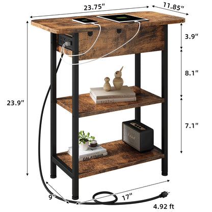 LIDYUK End Table with Charging Station, Flip Top Side Table with USB Ports and Outlets, Nightstand for Small Spaces, Bedside Tables with Storage Shelf for Living Room, Bedroom, Brown
