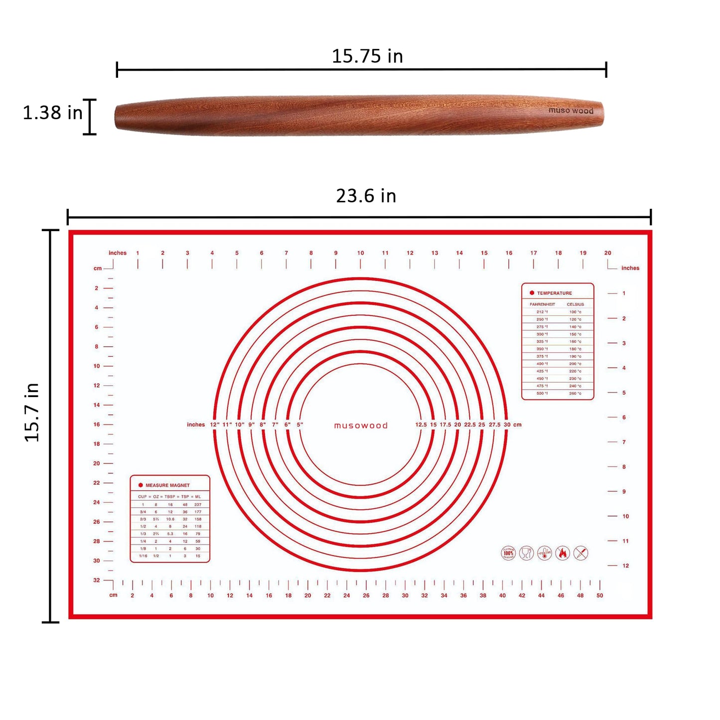 Muso Wood French Rolling Pin and Silicone Baking Mat Set, Sapele Wooden Rolling Pin 15.75 Inch and Tapered Roller for Fondant, Pie Crust, Cookie, Pastry