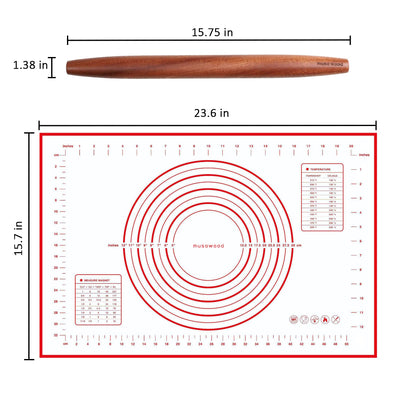 Muso Wood French Rolling Pin and Silicone Baking Mat Set, Sapele Wooden Rolling Pin 15.75 Inch and Tapered Roller for Fondant, Pie Crust, Cookie, Pastry