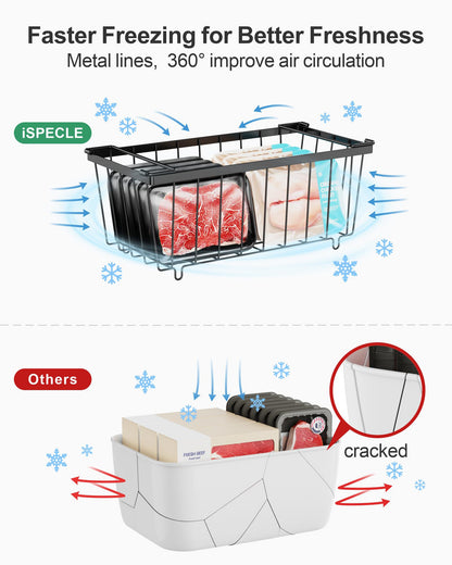 iSPECLE Freezer Organizer Bins - 4 Pack Small Stackable Deep Freezer Organizer Bins for 7 Cu.Ft Freezers Easy Get Bottom Foods without Digging, Chest Freezer Organizer Prevent Frozen Food Waste, Black