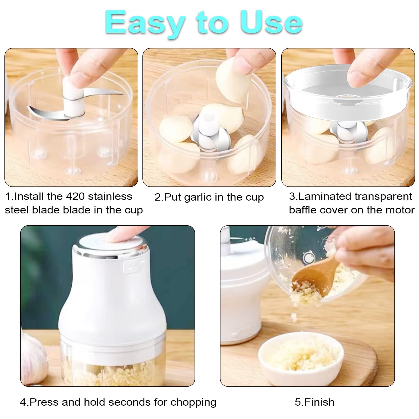 Garlic Chopper, Mini Food Processor, USB Rechargeable Mini Chopper, Powerful Garlic Crusher, Blender to Vegetable, Wireless Vegetable Chopper for Ginger, Chili, Fruit, Meat, etc（250ML）