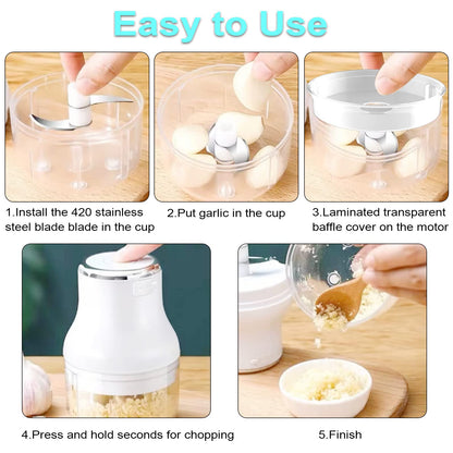Garlic Chopper, Mini Food Processor, USB Rechargeable Mini Chopper, Powerful Garlic Crusher, Blender to Vegetable, Wireless Vegetable Chopper for Ginger, Chili, Fruit, Meat, etc（250ML）