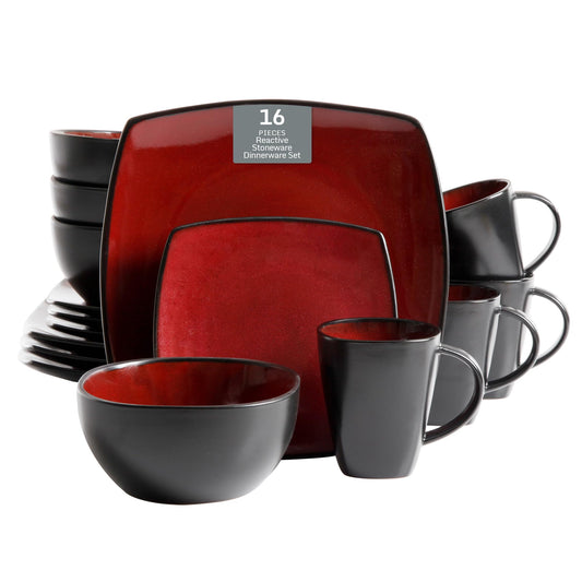 Gibson Soho Lounge Square Reactive Glaze Dinnerware Set, Red, Service for 4 (16pcs)