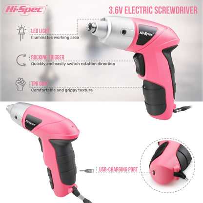 Hi-Spec Electric Screwdriver 27pc 3.6V Pink USB Small Power Screwdriver Set. Cordless & Rechargeable with Driver Bit Set