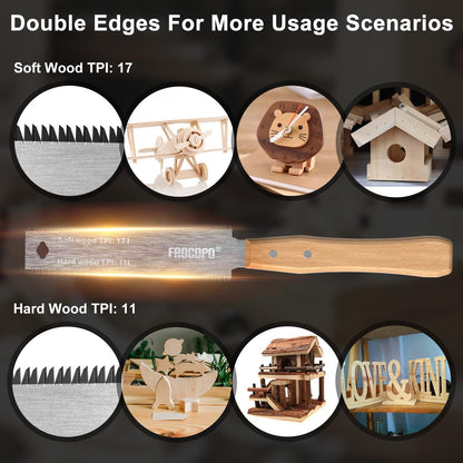 Frocopo Hand Saw Woodworking Tools, 6-Inch Pull Saw, Flexible Double-Edge Blade 17/11 TPI, Japanese Flush Cut for DIY Craft, Non-Slip Wood Handle, Sharp & Lightweight for Woodworking and Garden Trim