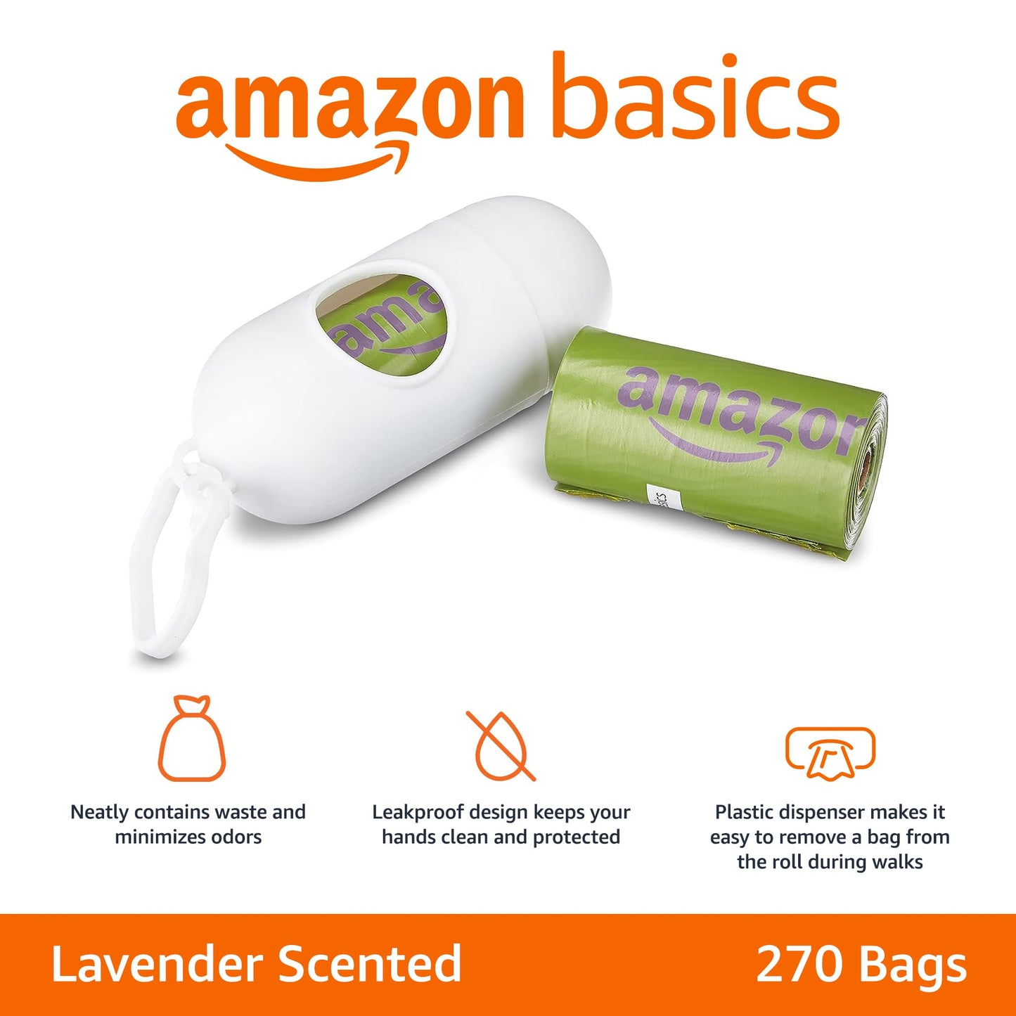 Amazon Basics Dog Poop Bags with Dispenser, 270 Count, Enhanced for Guaranteed Leakproof, Lavender Scented, Includes Leash Clip