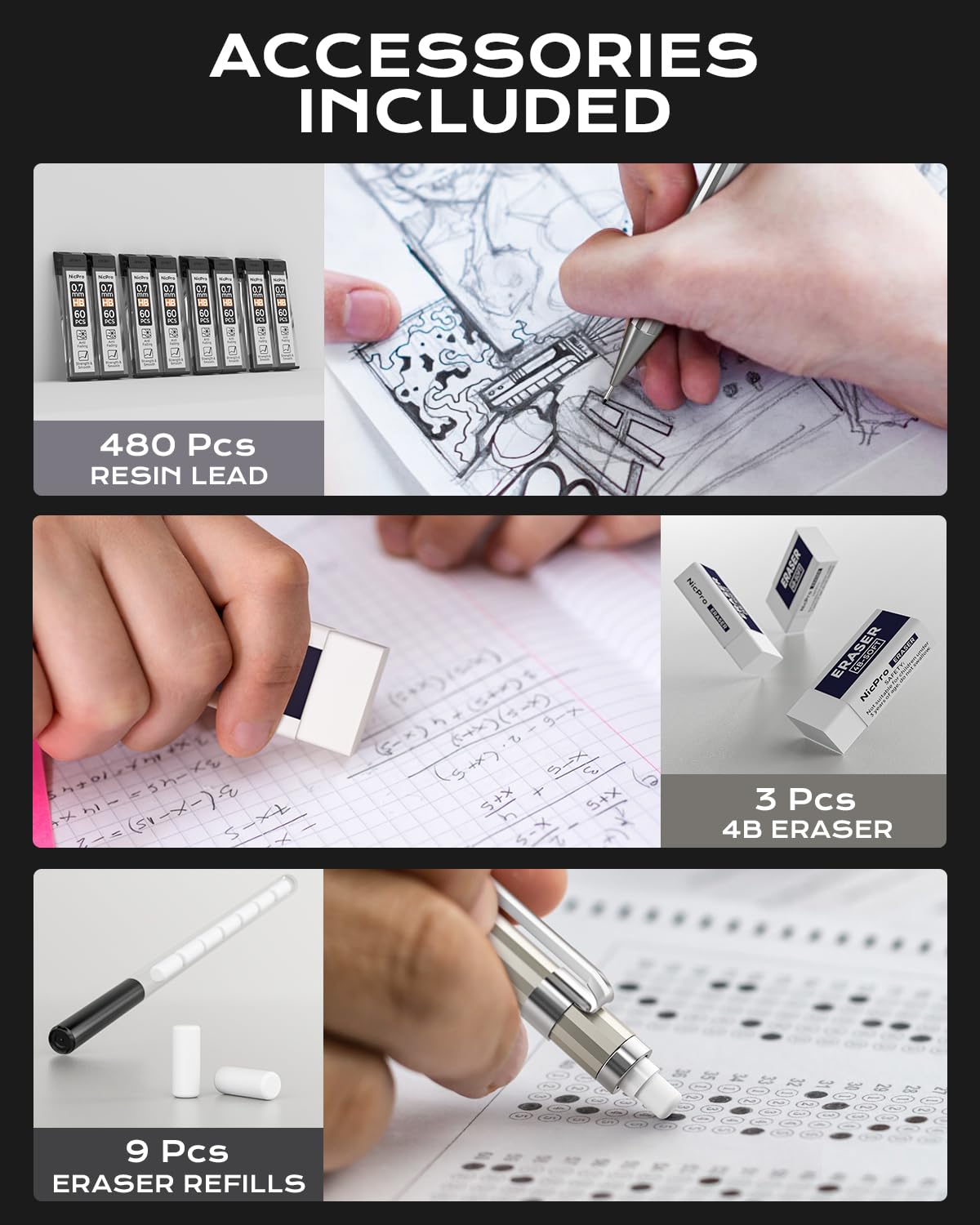 Nicpro 4 Pack Mechanical Pencil 0.7mm with Case, MB1000 Metal Mechanical Pencil Set with 6 Tube HB #2 Lead Refill 0.7 mm, 3PCS 4B Eraser, 9 Cap Eraser for Artist Drafting Writing, Sketching, Drawing