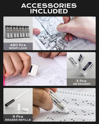 Nicpro 4 Pack Mechanical Pencil 0.7mm with Case, MB1000 Metal Mechanical Pencil Set with 6 Tube HB #2 Lead Refill 0.7 mm, 3PCS 4B Eraser, 9 Cap Eraser for Artist Drafting Writing, Sketching, Drawing