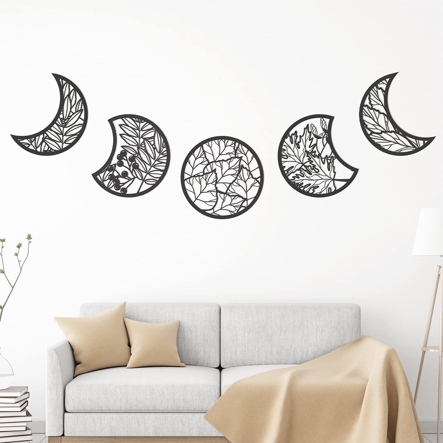 Jetec 5 Pcs Moon Phase Wall Art Decor Wall Pediments Hanging Wooden Moon Phase Spiritual Bedroom Nordic Boho Lunar Aesthetic Art for Living Room Dorm Apartment Bar Ornament(Black,10.6 Inch)
