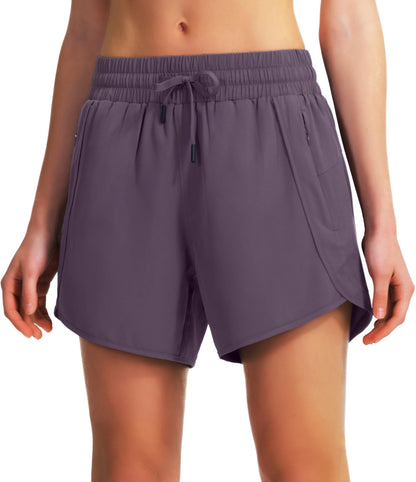 Ksmien Women's 5" Athletic Running Shorts Quick Dry Lightweight Workout Gym Shorts with Zipper Pockets UPF 50+ Grey Purple