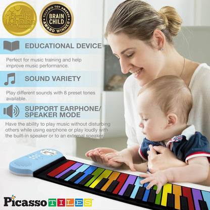 PicassoTiles® PT49 Kid's 49-Key Flexible Roll-Up Educational Electronic Digital Music Piano Keyboard w/Recording Feature, 8 Different Tones, 6 Educational Demo Songs & Build-in Speaker - Rainbow