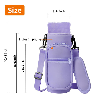 AceTreker 32/40/64/128 oz Neoprene Insulated Water Bottle Carrier Bag, Sport Bottle Sleeve Pouch Holder with Strap & Paracord Handle and 2 Pocket for Travelling, Hiking, Camping-Purple