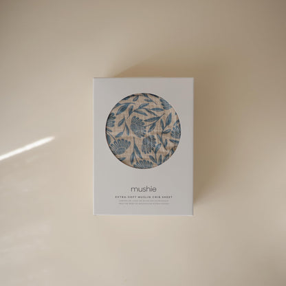 mushie Extra Soft Muslin Fitted Crib Sheet | 192 Thread Count | 28"x 52" (Blue Flowers)