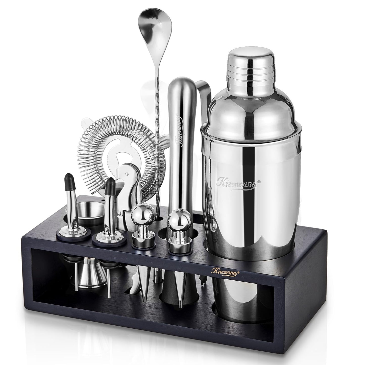 KITESSENSU 12-Piece Cocktail Shaker Set with Stand | Mixology Bartender Kit Bar Set with Essential Bar Accessories for Home Bar: Martini Shaker, Jigger, Muddler, Bar Spoon | Drink Mixer Cocktail Kit