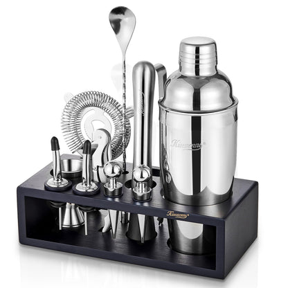 KITESSENSU 12-Piece Cocktail Shaker Set with Stand | Mixology Bartender Kit Bar Set with Essential Bar Accessories for Home Bar: Martini Shaker, Jigger, Muddler, Bar Spoon | Drink Mixer Cocktail Kit