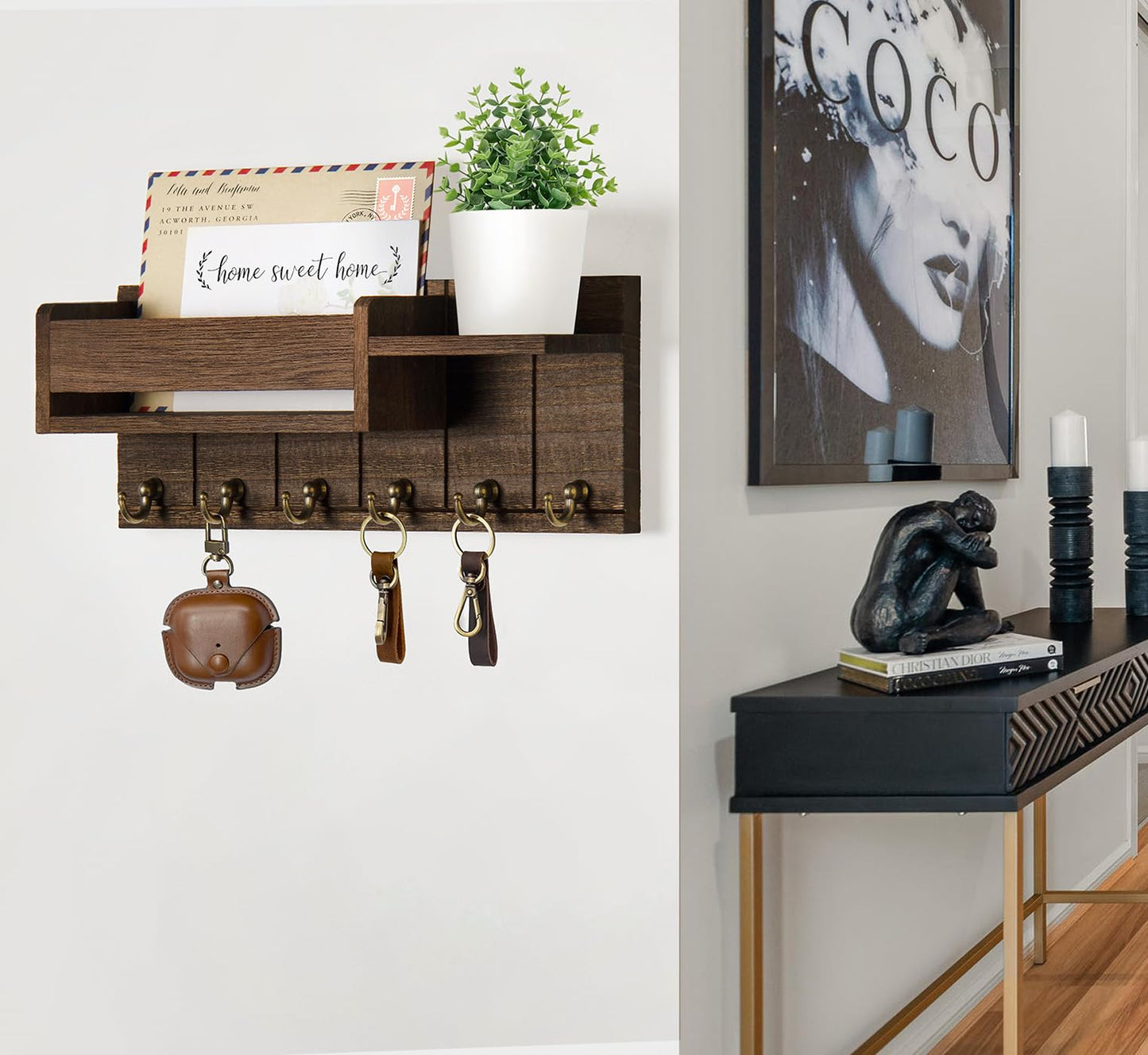 RelaxScene Key Holder Wall Mount - Decorative Key Rack and Mail Organizer with 6 Key Hooks - Wooden Key Hanger with Shelf for Living Room Decor - Rustic Farmhouse Home Entryway Aesthetic Essentials