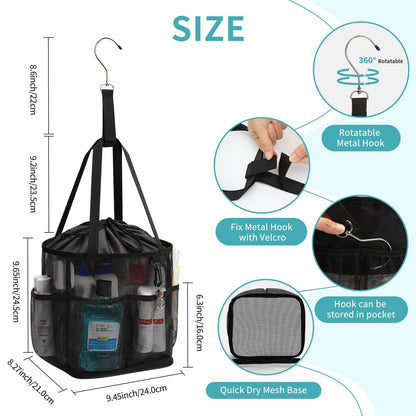 Mesh Shower Caddy Portable for College Dorm Room Essentials, Shower Tote Bag with Hanging Hook and Drawstring, Quick Dry Toiletry Bag with 6 Pockets for Bathroom, Swimming, Gym, Camping, Beach, Travel
