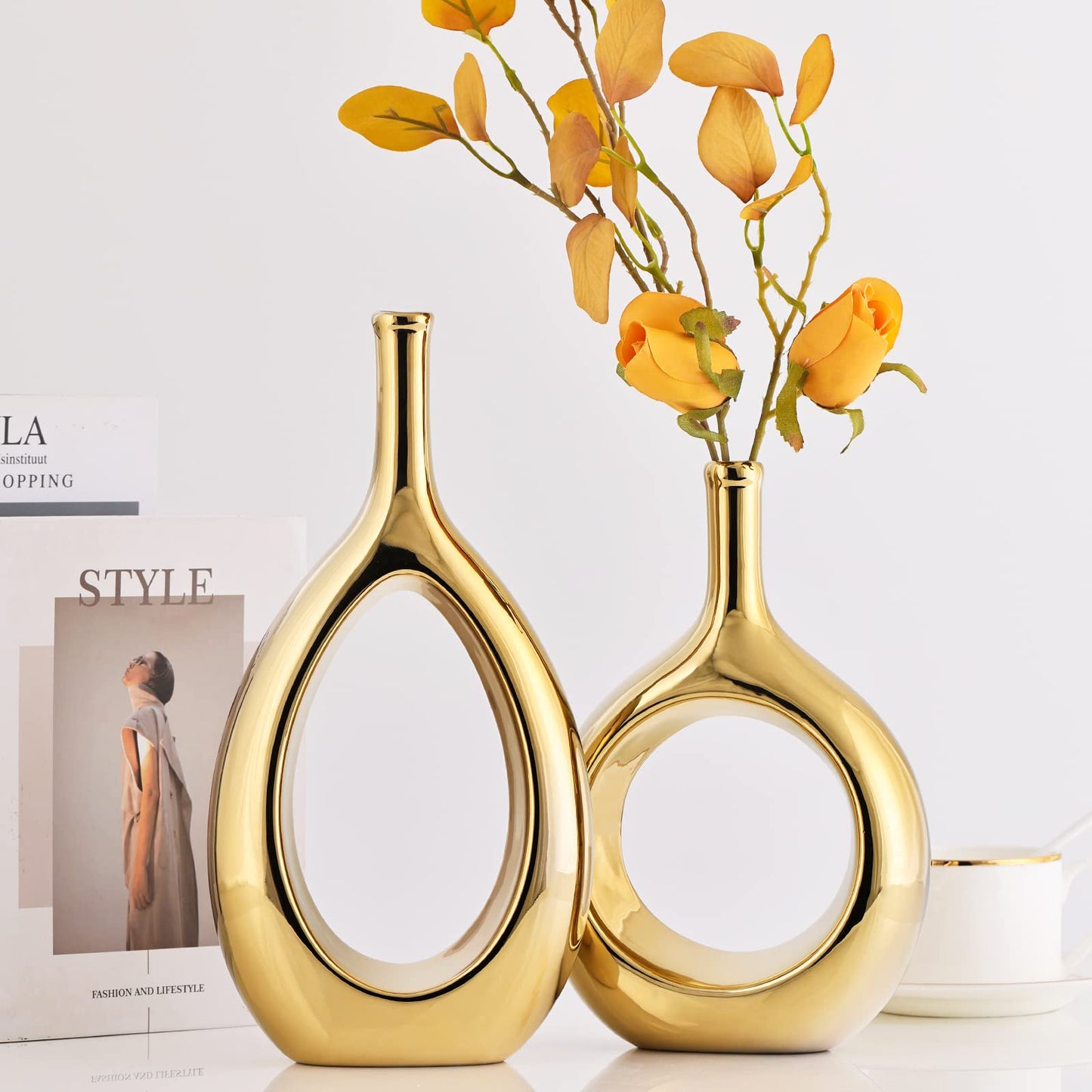Glossy Gold Ceramic Vase Set 2,Modern Hollow Circle with Hole Flower Vase for Home Decor,for Table Centerpieces,Farmhouse,Fire Place,Living Room,Bedroom,Office,Bookshelf,Rustic Decor