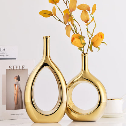 Glossy Gold Ceramic Vase Set 2,Modern Hollow Circle with Hole Flower Vase for Home Decor,for Table Centerpieces,Farmhouse,Fire Place,Living Room,Bedroom,Office,Bookshelf,Rustic Decor
