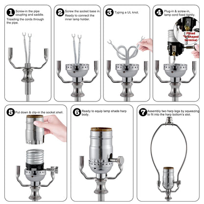 Lamp Making Kit,Make a Lamp or Repair Kit,3-Way Lamp Socket with Matching Cord Lamp Harp Set,Lamp Wiring Kit for Table Floor Lamp,Essential Hardware for DIY Lamp Design or Repair (Silver, 1)