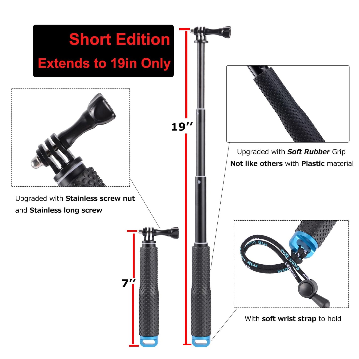 Trehapuva 19” Short Extension Selfie Stick Compact Handle Grip Adjustable Waterproof Monopod Pole Compatible with GoPro Hero 13 12 11 10 9 8 7 6 5 AKASO DJI Osmo Action Camera(Mini Size)