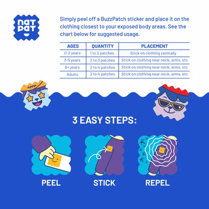 NATPAT Buzz Patch Mosquito Patch Stickers for Kids - Plant Based Ingredients, Non-Toxic - The Original All Natural Citronella Essential Oil Insect Patch, DEET Free, for Toddlers, Kids (60 Pack)