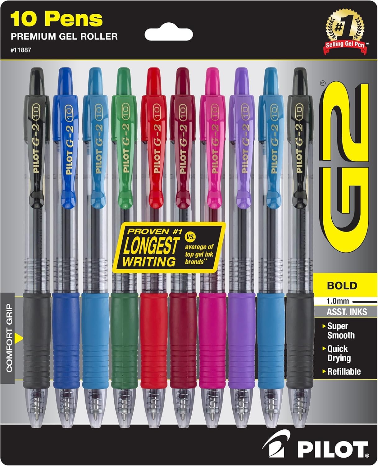 PILOT G2 Premium Retractable Gel-Ink Rolling Ball Pens, Bold Point (1.0mm), Assorted, 10-Pack, (11887)
