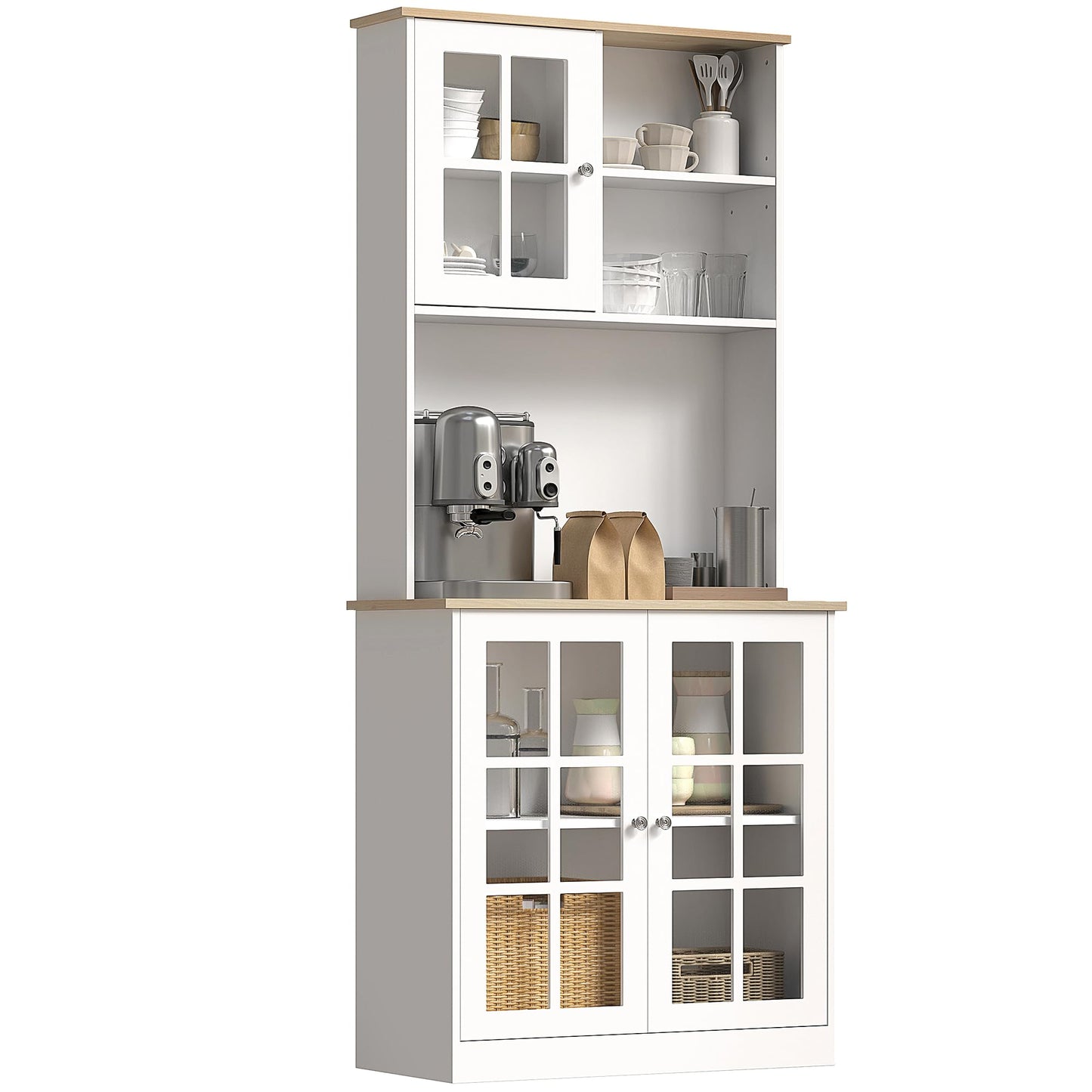 HOMCOM Kitchen Pantry Storage Cabinet, 72" Freestanding Cabinet with Hutch, Large Countertop, Glass Doors and Adjustable Shelves for Dining Room, White