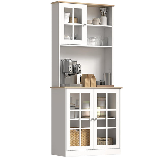 HOMCOM Kitchen Pantry Storage Cabinet, 72" Freestanding Cabinet with Hutch, Large Countertop, Glass Doors and Adjustable Shelves for Dining Room, White